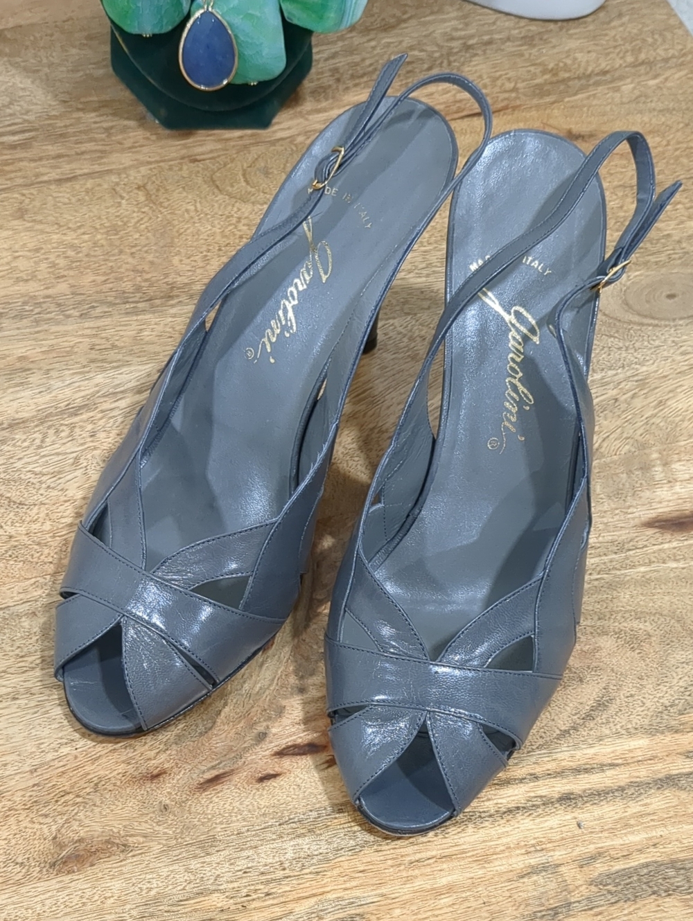 Italian 80's Gray Genuine Leather Slingback Peep-Toe Heels